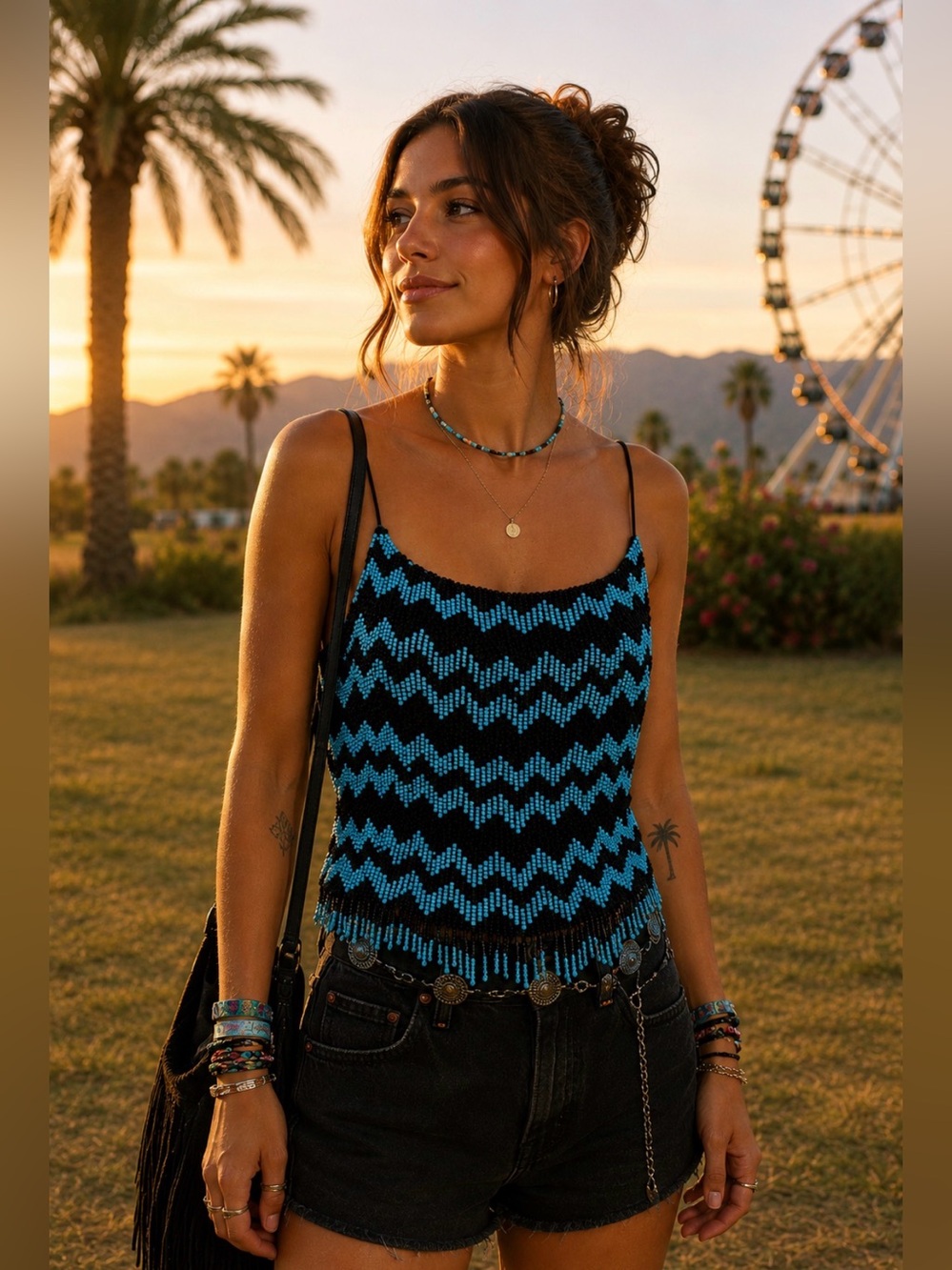 Vintage Beaded Camisole 80s Turquoise Black Chevron Fringe Spaghetti Y2K, Sz S